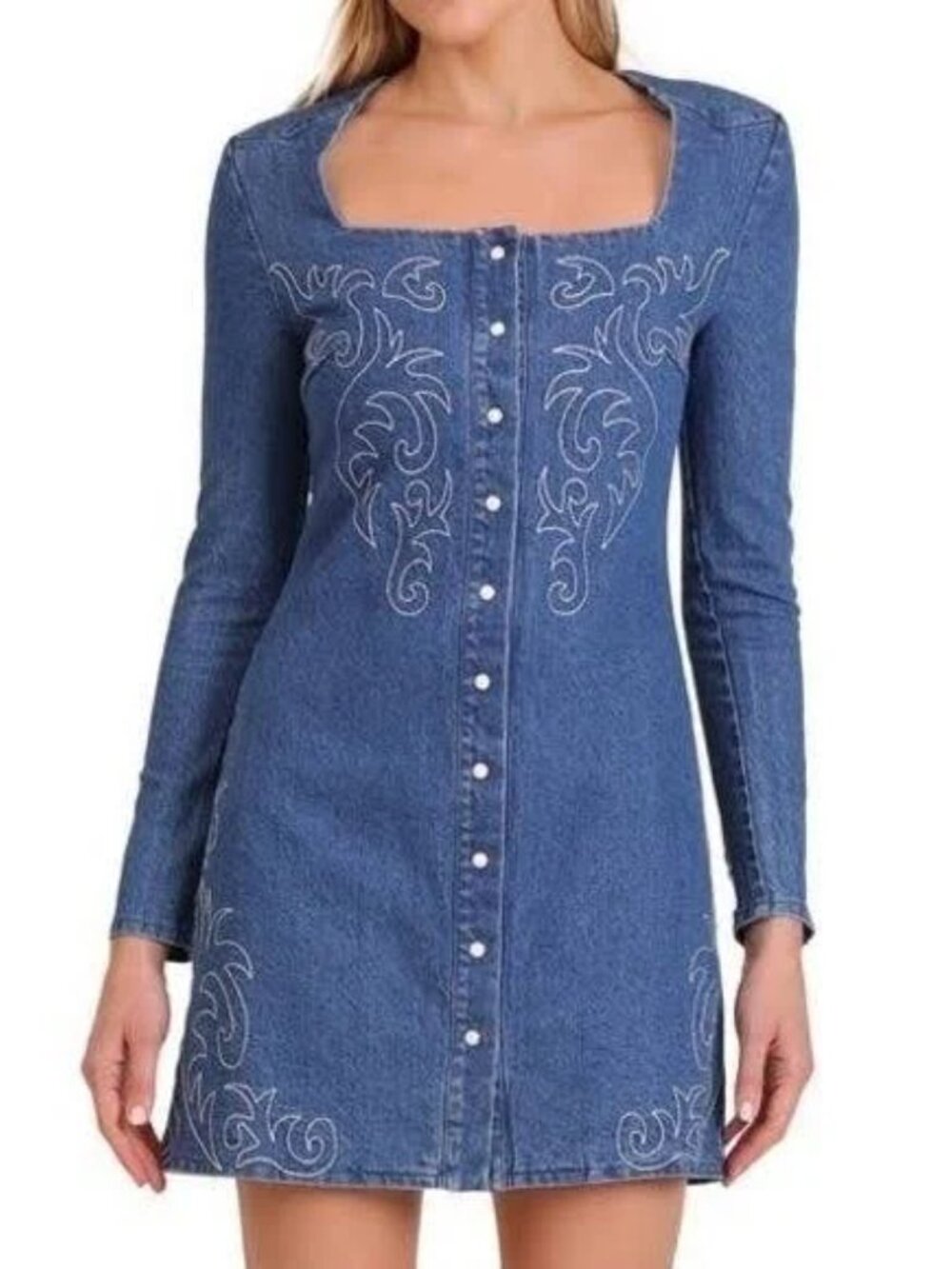 Avec Les Filles Embroidered Denim Dress
